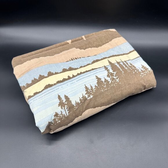 Vintage Full Size Fitted Sheet Lake Mountain Brown Blue 1970s Burlington USA - Picture 1 of 5